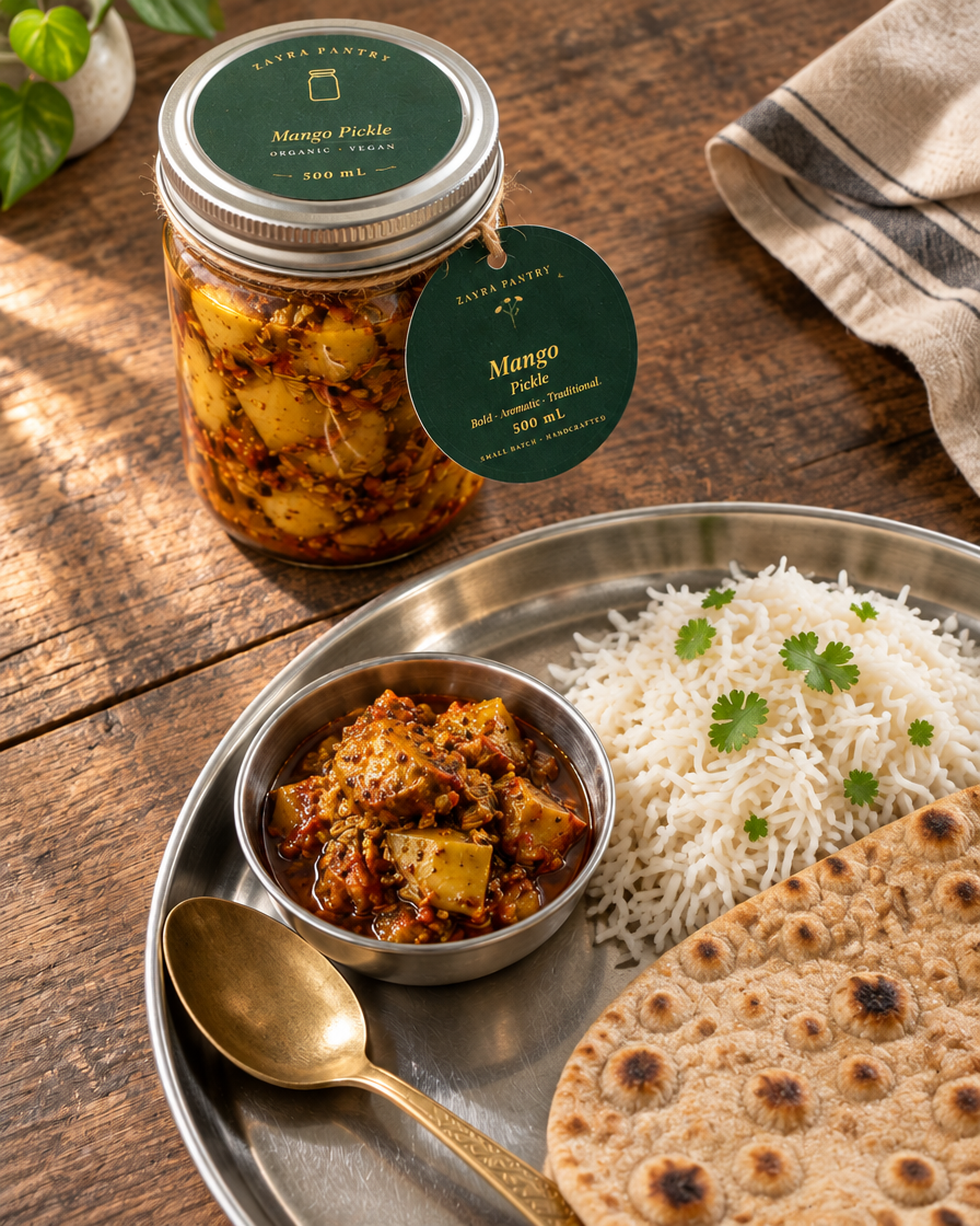 Mango pickle jar on a set table with a spoonful served on a thali